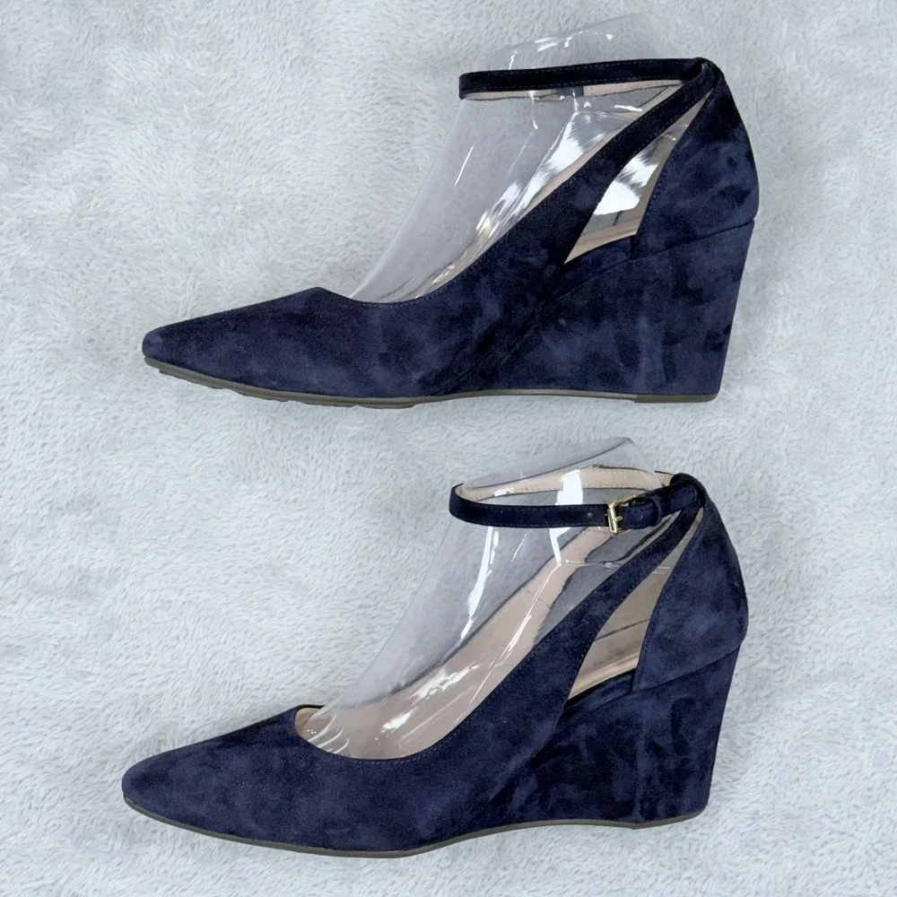 Cole Haan Lacey Suede Grand.OS Wedge Pump Women 8.5 Blue Ankle Strap Pointed Toe
